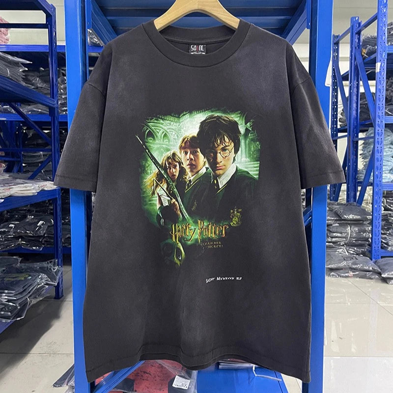 Washed Retro Film Pattern Print High Street Saint Oversized T Shirt Summer Men Casual Fashion Short Sleeve