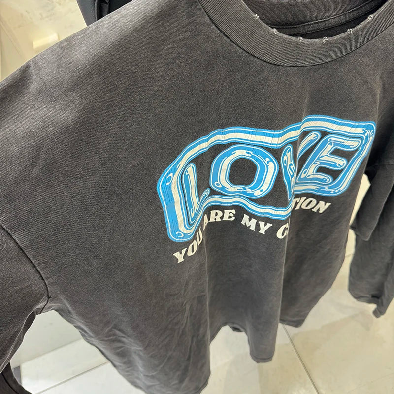 Casual Saint Origami Crane Pattern LOVE Printing Oversized T Shirt Street Fashion Men Vintage Long Sleeve