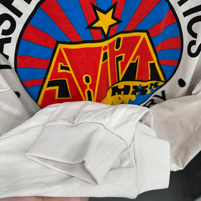 Washed White Saint Fashion Red Circular Printed Autumn Pure Cotton Long Sleeve Mens T Shirts