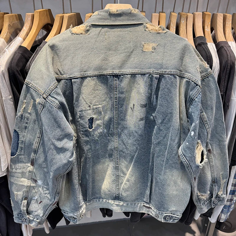 Harajuku Saint High Quality Vintage Damage Distress Ripped Denim Jacket Casual Men Women Fashion BBJ Versatile Coat