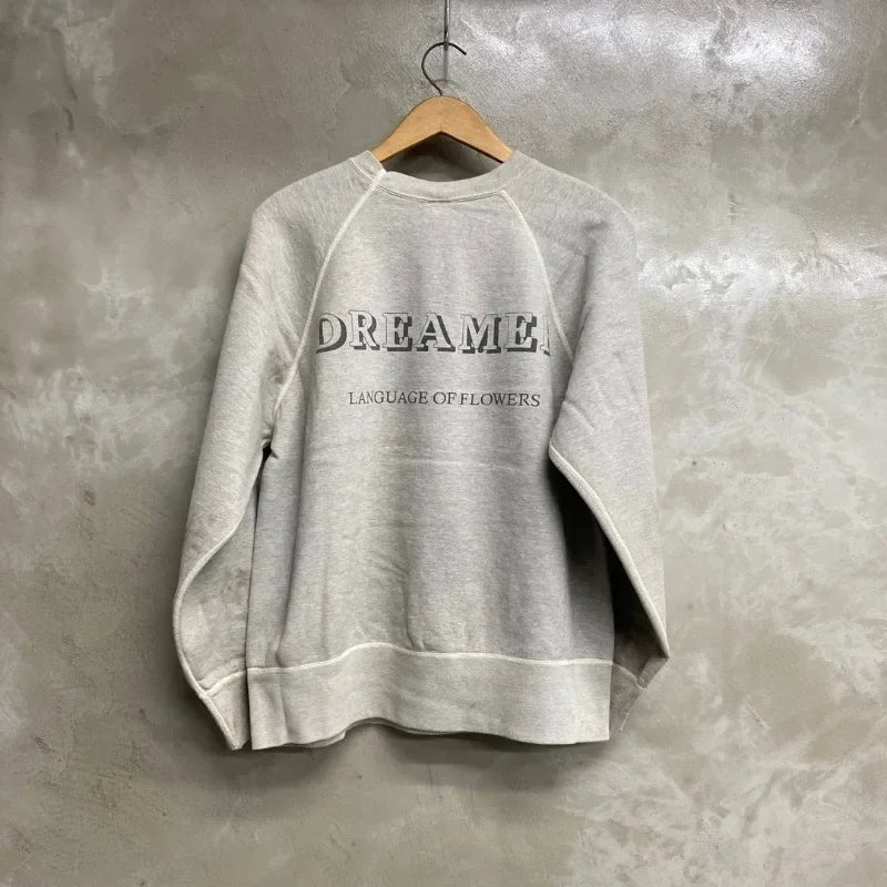 Retro Grey Saint Round Neck Flower Pattern Sweatshirt Fashion Washed Hole Streetwear Men