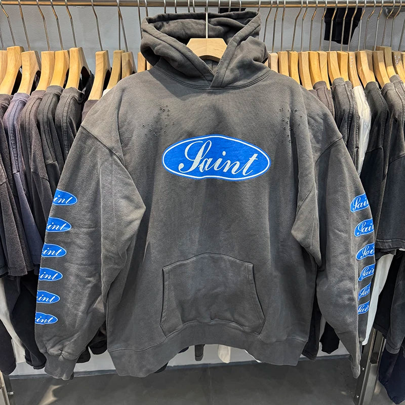 25FW SAINT Blue Circle Letter Printed Washed Distressed Hip Hop Hoodies Street Fashion Retro Grey Sweatshirt