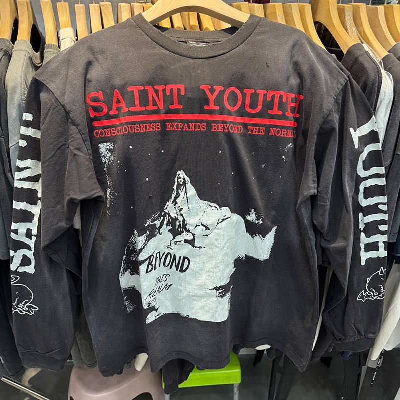 25AW Saint Youth Cracked Portrait Print American Retro Graphic T Shirts Harajuku Letter Long Sleeve Streetwear Men
