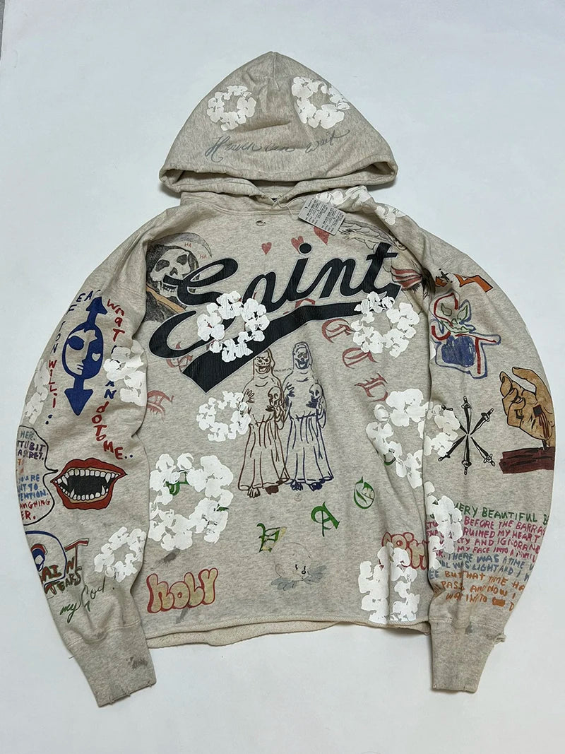 Full Print Street Fashion Saint Graffiti Style Hoodies Winter Thick Cotton Top Quality Loose Sweatshirts Men