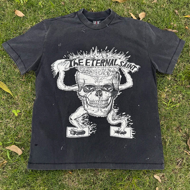 Street Fashion The Eternal Saint Letter Cartoon Skulls Print T Shirt for Men Summer Hip Hop Rap Loose Short Sleeve