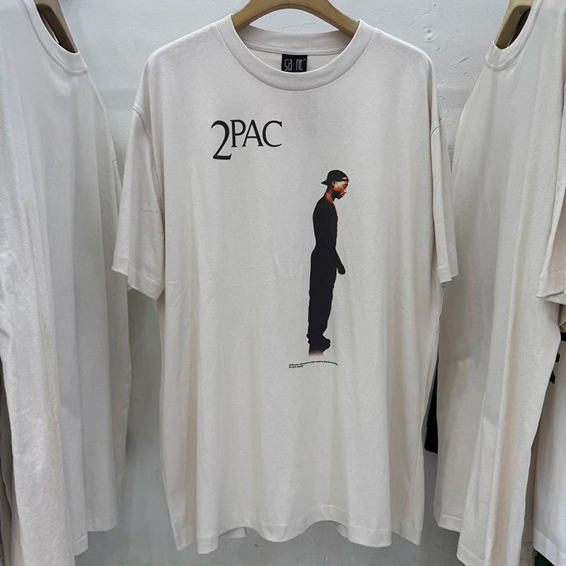 Light Color Saint Cross Medal Print Oversized T Shirt High Street Casual Men Women Fashion TU PAC Summer Tops