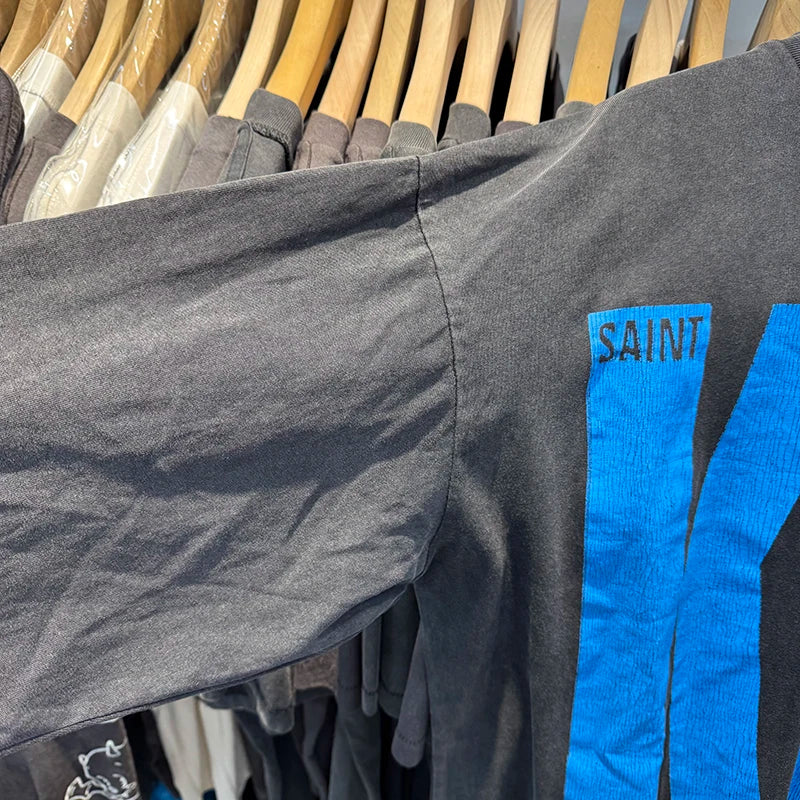 Vintage Trend KLF Autumn Series SAINT Oversized T Shirt Washed Cotton High Street Fashion Men Long Sleeve Tops