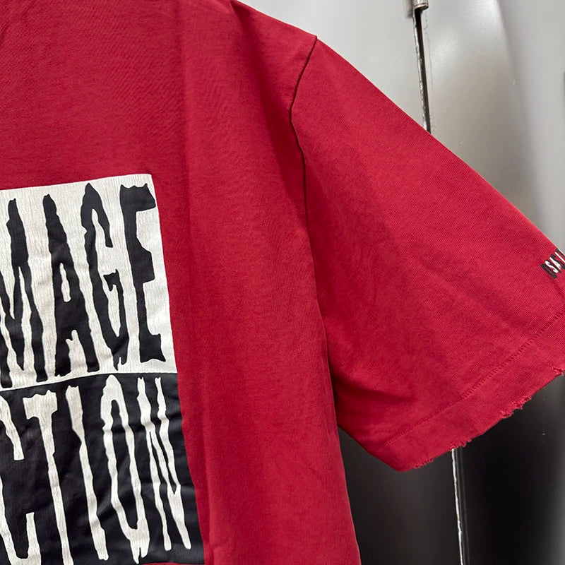 Retro Red Saint Washed 100%cotton Oversized T Shirt Japan Style Letter Crack Print Casual Fashion Short Sleeve