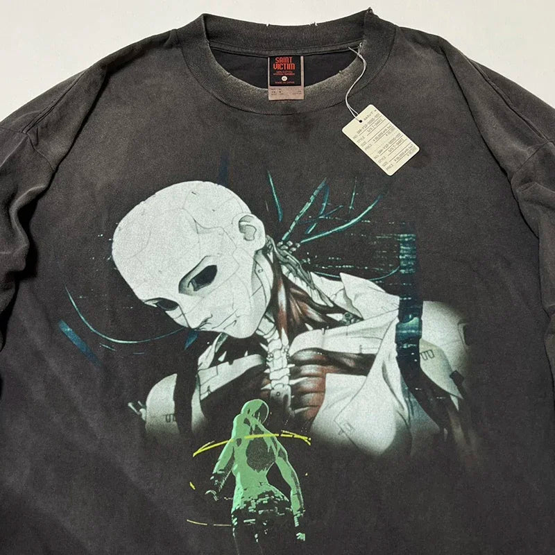 Co Branded Style Saint Retro Round Neck Shell Attack Team Cartoon Graphic T Shirts High Street Casual Men Women 1:1 Fashion Tees