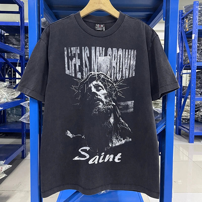 Saint Xxx Stb Men Clothing Washed Retro Portrait Print Character Print American Style Oversized T Shirt Streetwear