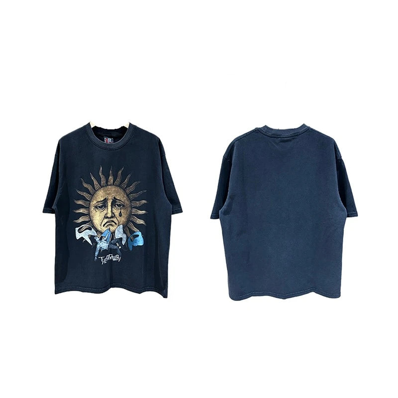 Vintage Bieber Sun Print Hip Hop Graphic T Shirts High Street Casual Cotton Men Summer Tee