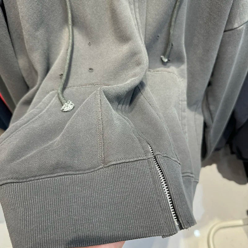 Zipper Series Saint Solid Color Hoodie Hole Distressed Washed Winter Fashion Cardigan