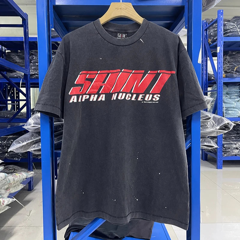 Vintage Washed Saint Blue Angel Oversized T Shirt Summer Cotton Cartoon Short Sleeve Fashion Men Women 1:1 Streetwear