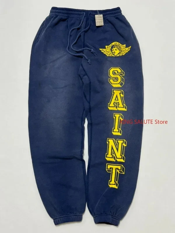 Winter Heavyweight Saint Angel Pattern Printing Blue Sports Pants High Street Casual Men Women 1:1 Fashion Sets Top Quality