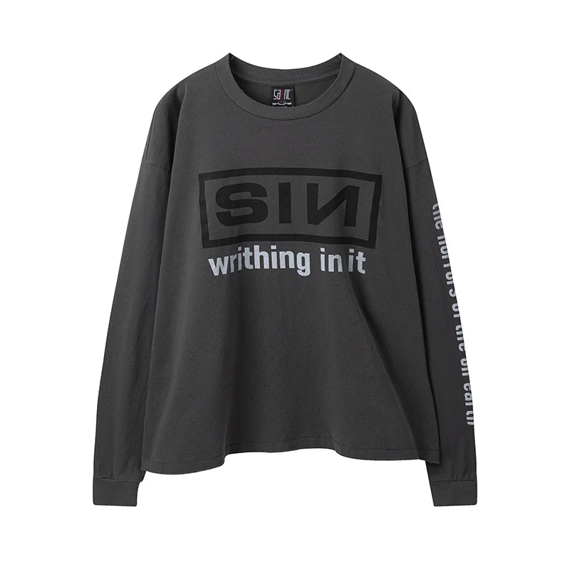 SAINT XXX STB Street Fashion Washed Distressed Letter Print American Style Vintage Casual Men Women Long Sleeve T-shirt