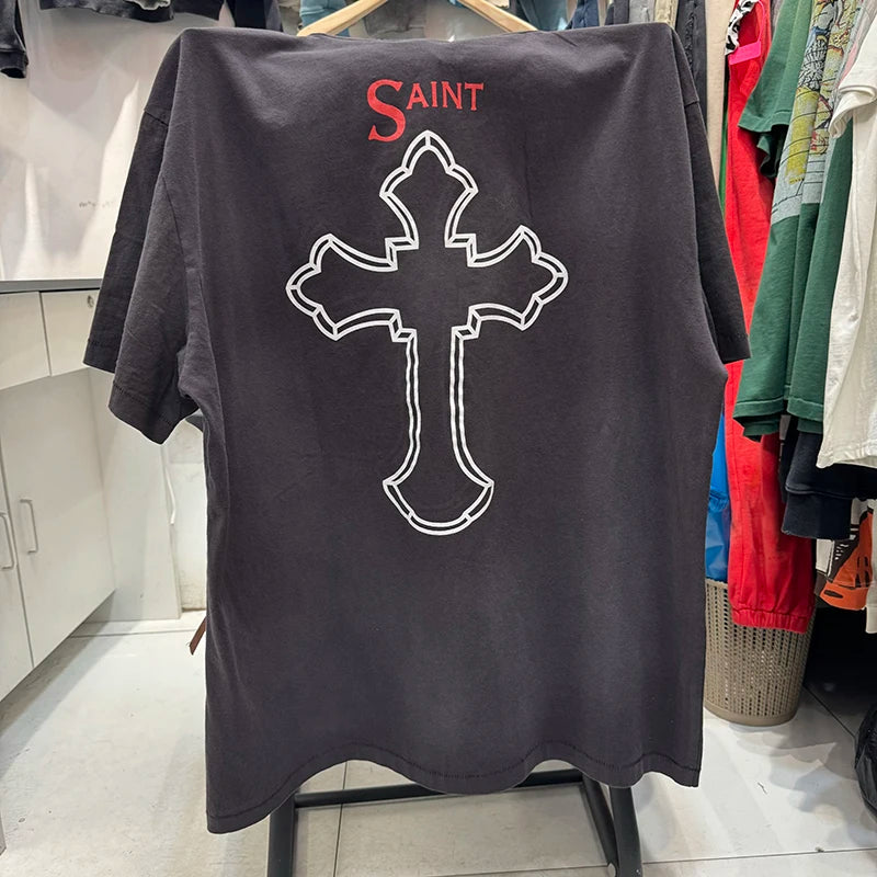 TU PAC Vintage Portraits Print Pattern Cotton Men T-shirt Hip Hop Water Washed Retro High Street Short Sleeve Oversized T Shirt