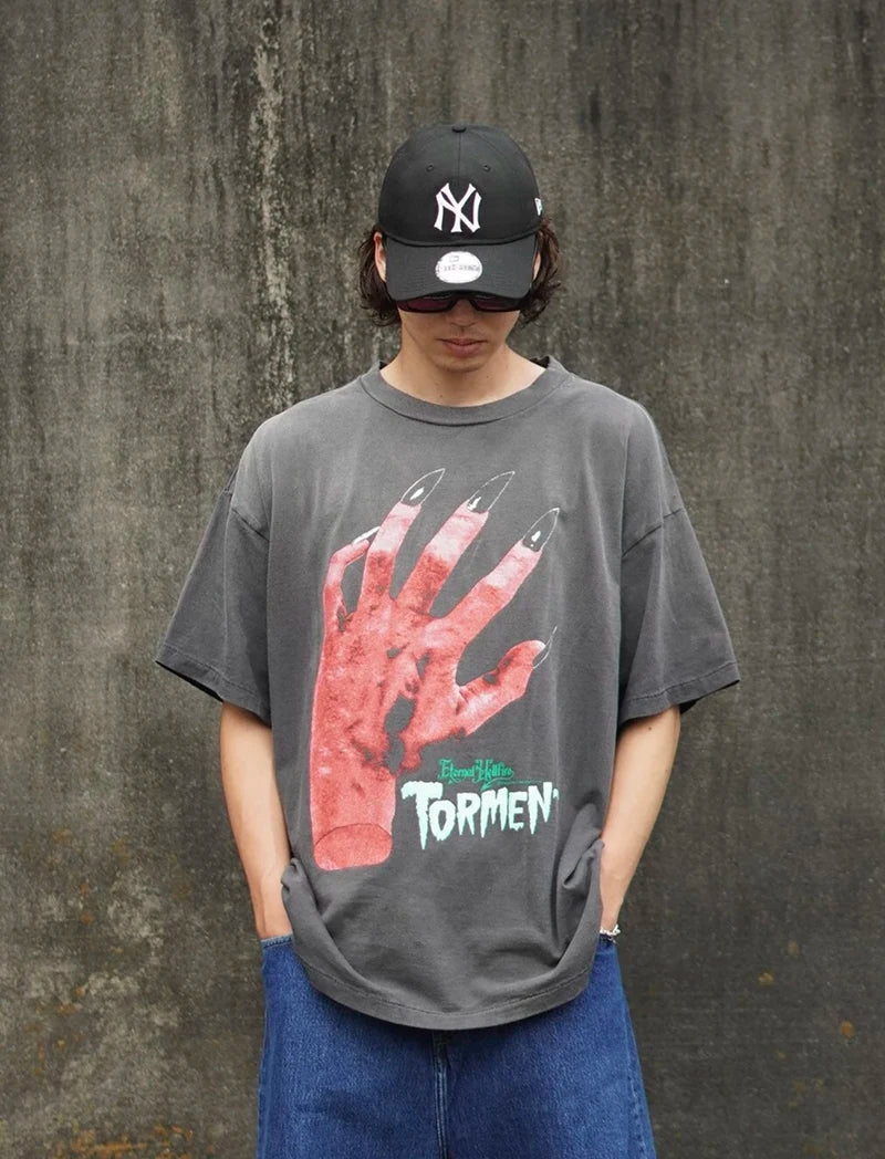 Saint Loose Red Devil Bringer Graphic T Shirts Washed Pure Cotton Hip Hop Style Street Fashion Summer Tees