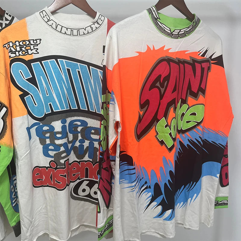 Street Fashion SAINT XXX STB Round Neck Oversized Men T Shirt Vintage Casual Cotton Autumn Long Sleeve Series