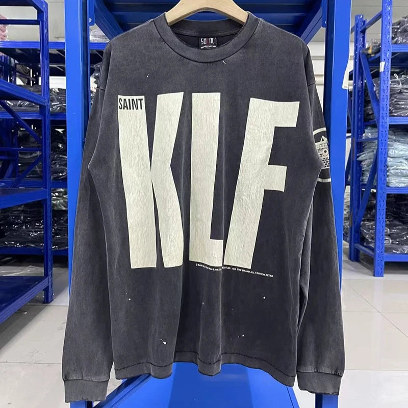 Autumn Fashion Saint High Quality KLF Letter Printed Vintage T Shirt Men