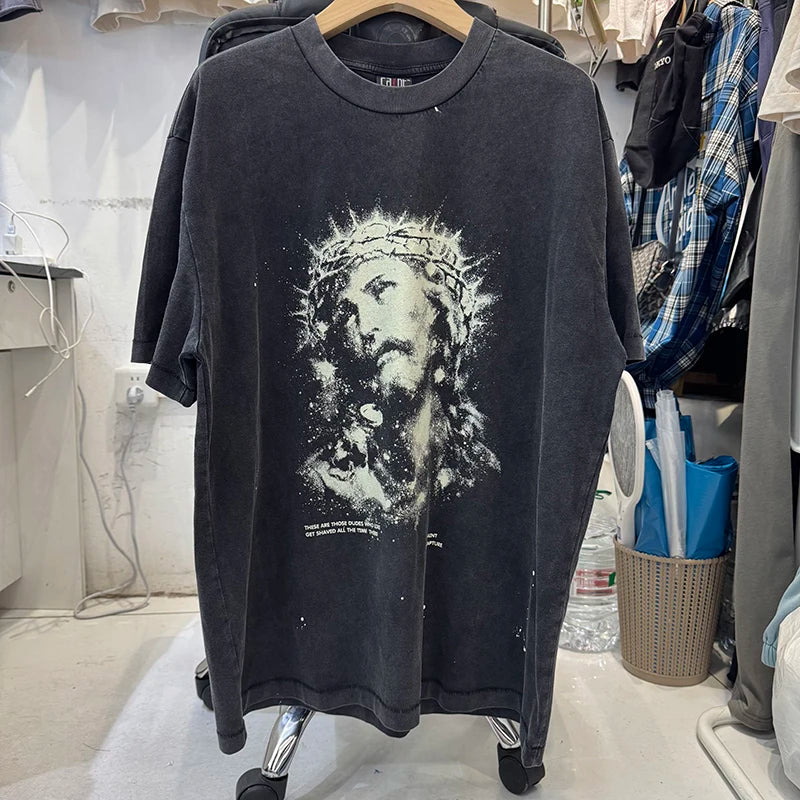 Luminous Series Saint Vintage Loose Short Sleeve Goddess Print T Shirts for Men Summer Street Fashion