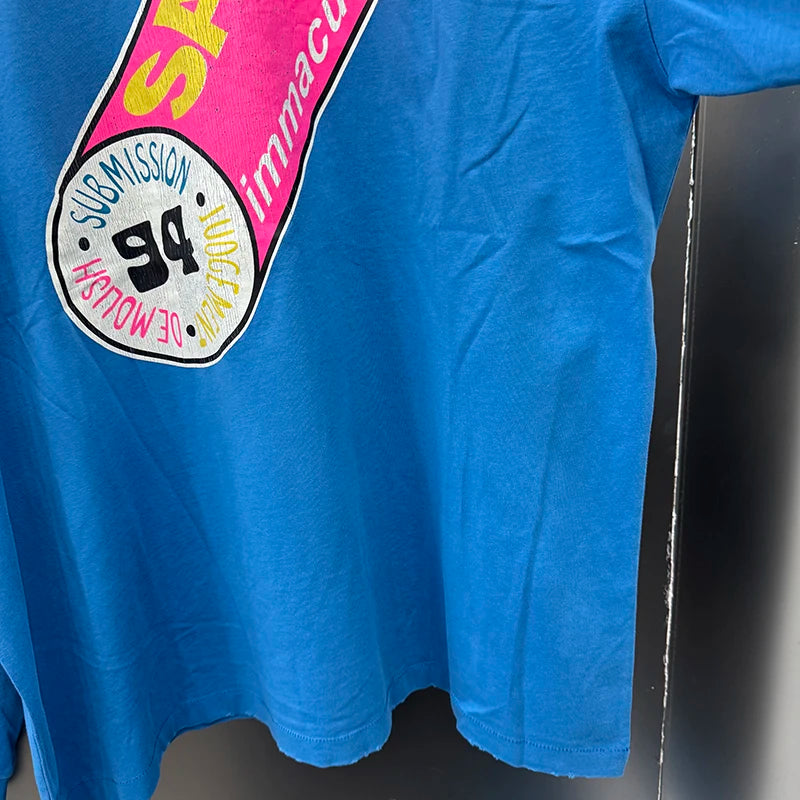 Autumn Winter Long Sleeve Saint Series Vintage Trend Sky Blue T Shirt High Street Casual Men Women Distressed Tops