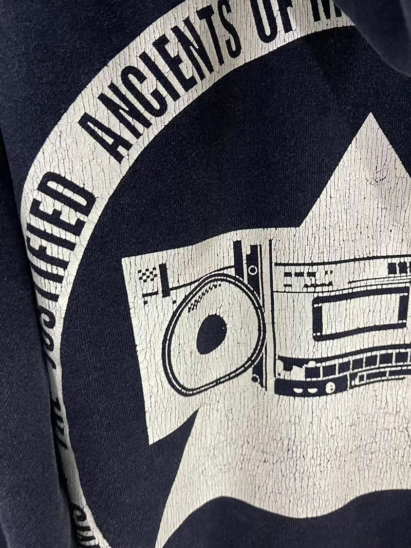 Best Quality Saint Washed White Print KLF Black Hoodies for Men Crack Pattern Trendy Street Pullover