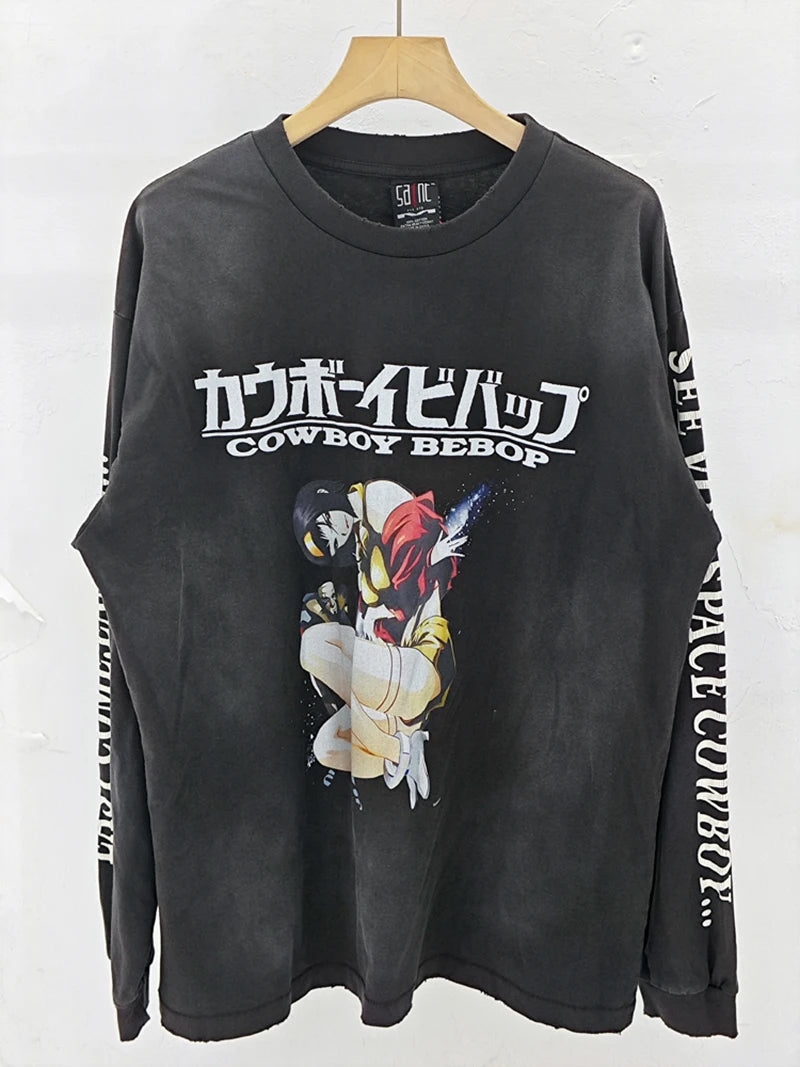 Fashion SAINT Loose Biscuit Print High Street Casual Men Women Vintage T Shirt Autumn and Winter Tops