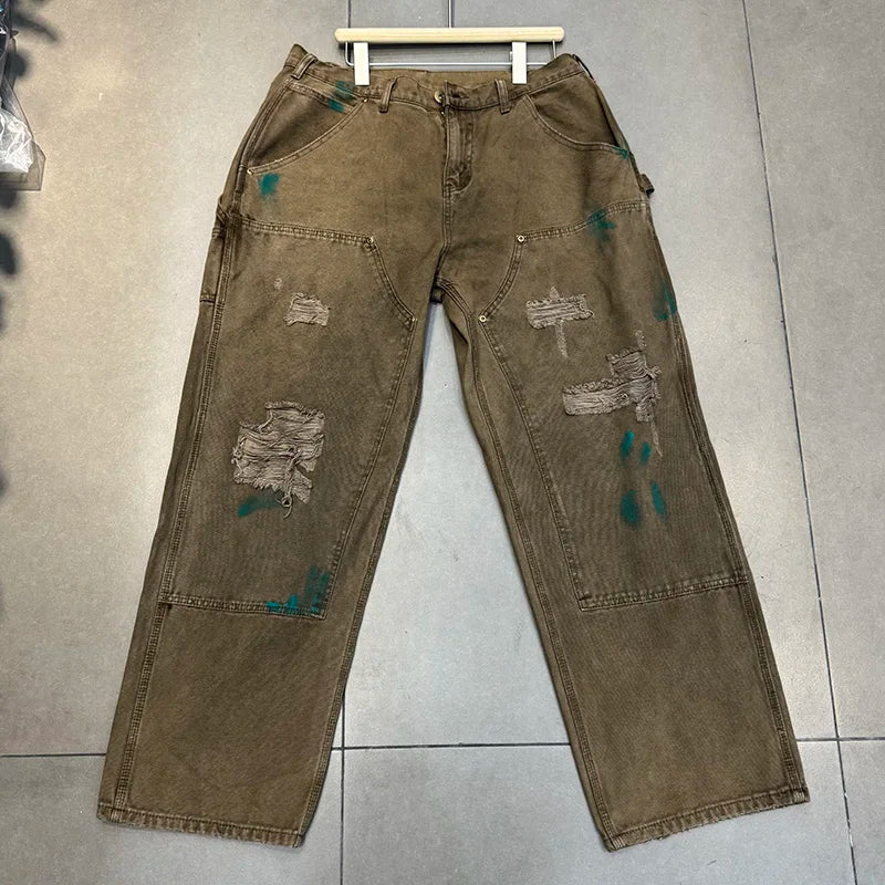 Khaki Saint Safari Style Mens Pants High Quality Heavy Fabric Washed Ripped Splash-ink Vintage Straight Casual Pants
