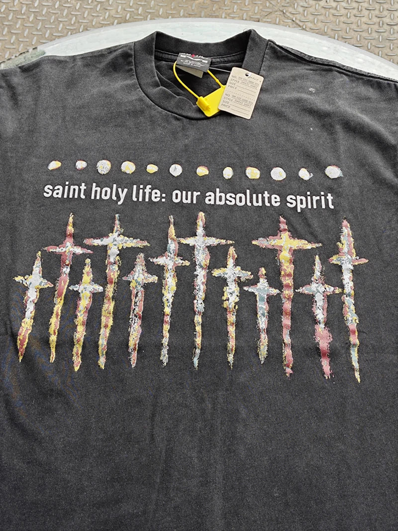 VTG Nine Toothed Nail Round Neck Oversized T Shirt Men High Street Casual Summer Cotton Saint Fashion Short Sleeve