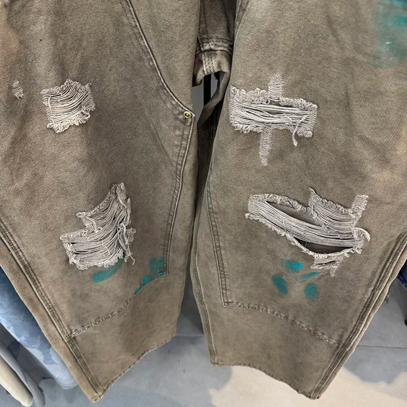 Khaki Saint Safari Style Mens Pants High Quality Heavy Fabric Washed Ripped Splash-ink Vintage Straight Casual Pants
