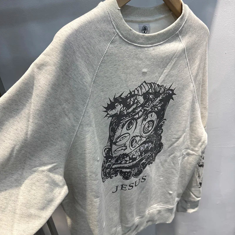 Loose Saint Hole Washed Graffiti Vintage Round Neck Sweatshirt Streetwear Men