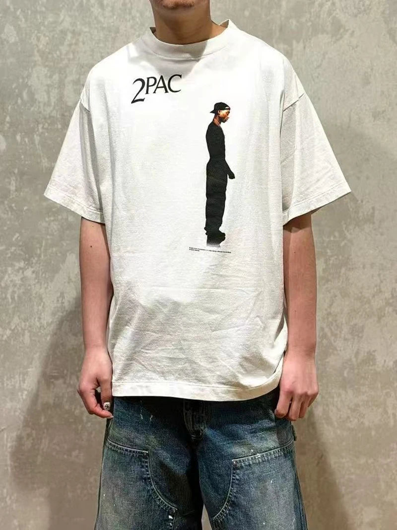 Light Color Saint Cross Medal Print Oversized T Shirt High Street Casual Men Women Fashion TU PAC Summer Tops