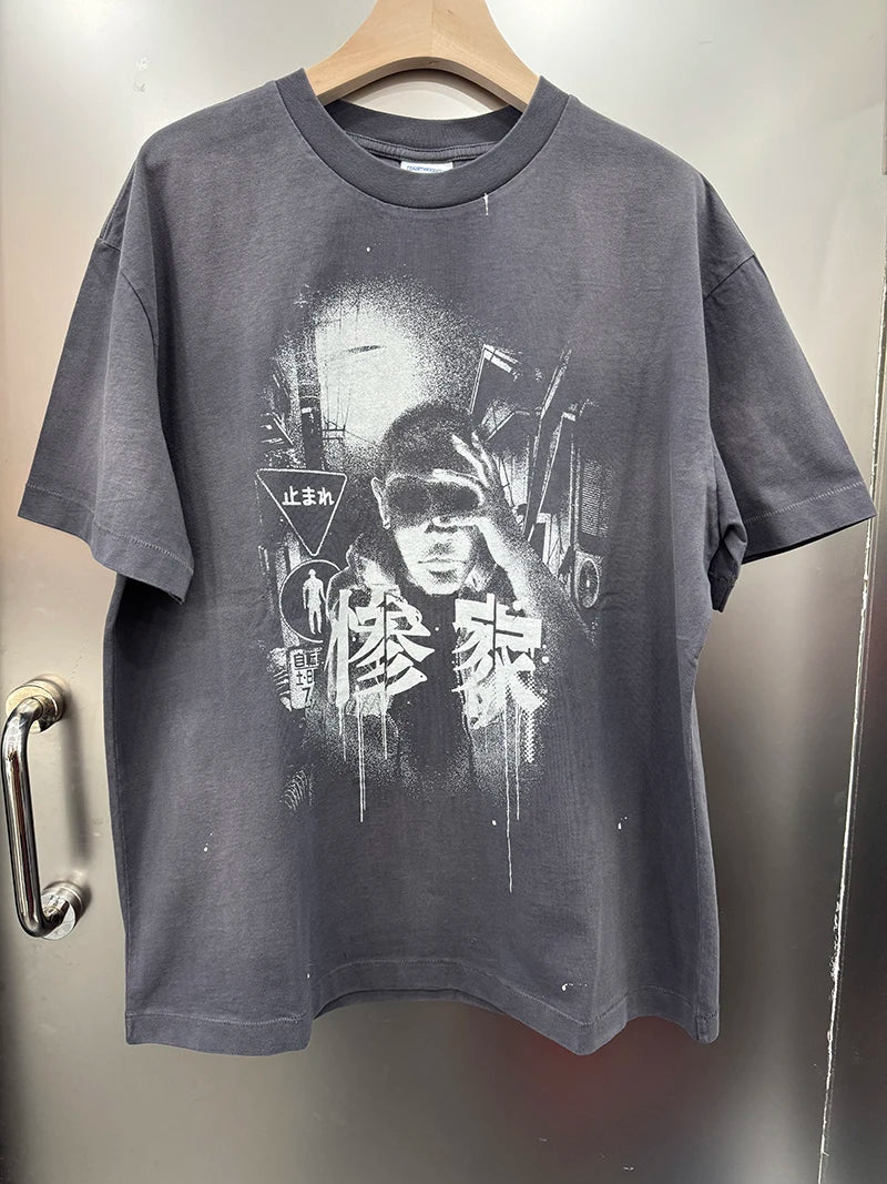 Splashed Ink SAINT Round Neck Loose Character Pattern Print Japan Style Vintage T Shirt
