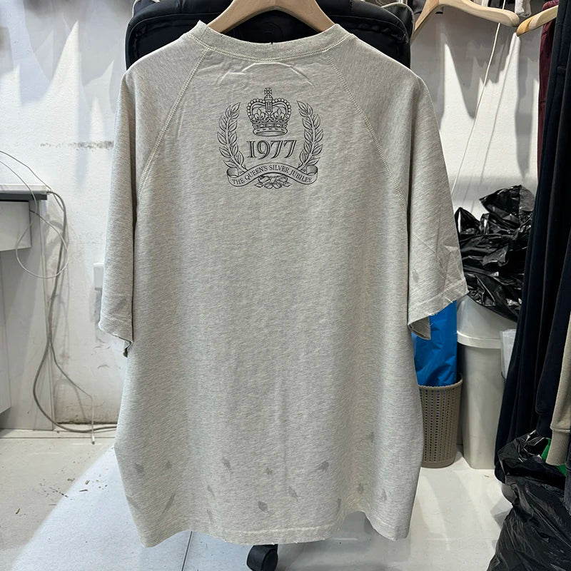 Washed Gray SAINT Round Neck Cotton Oversized T Shirt Street Fashion Graffiti Print T Shirts for Men