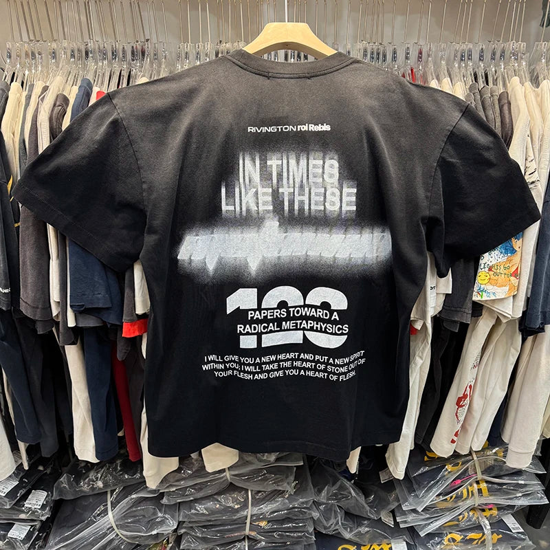 26ss RRR123 Round Neck CVA Wing Print Graphic T Shirts Trend Casual Washed Retro Short Sleeve