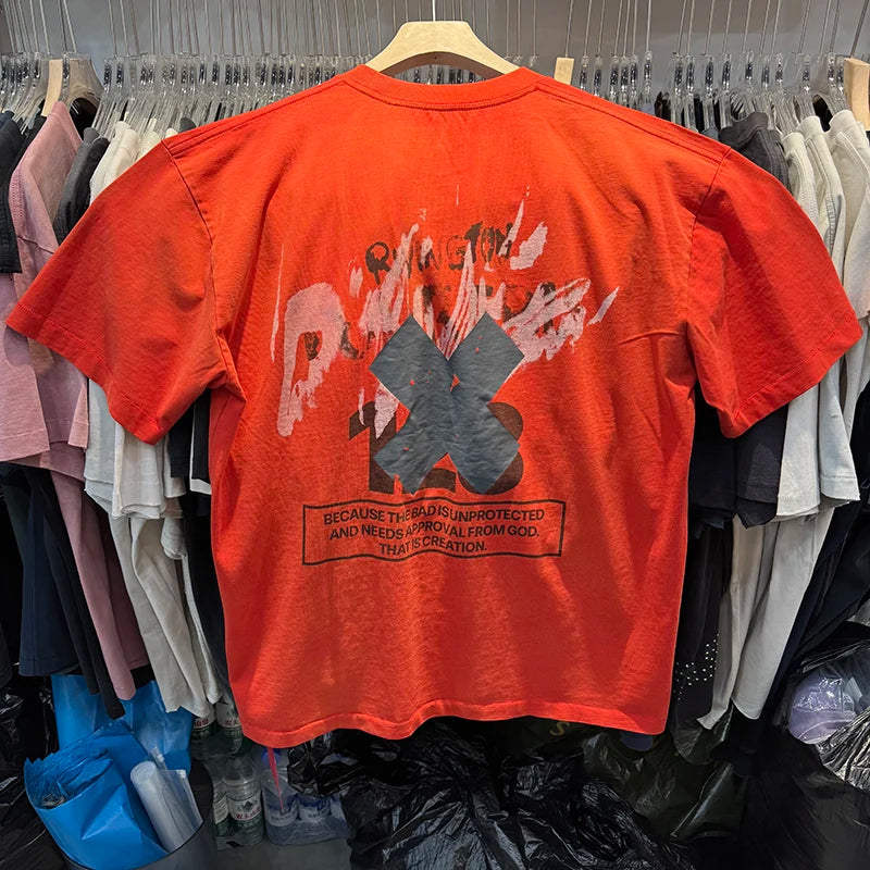 High Quality RRR123 Vintage Red Mens T Shirts X Letter Printed Summer Short Sleeve Streetwear