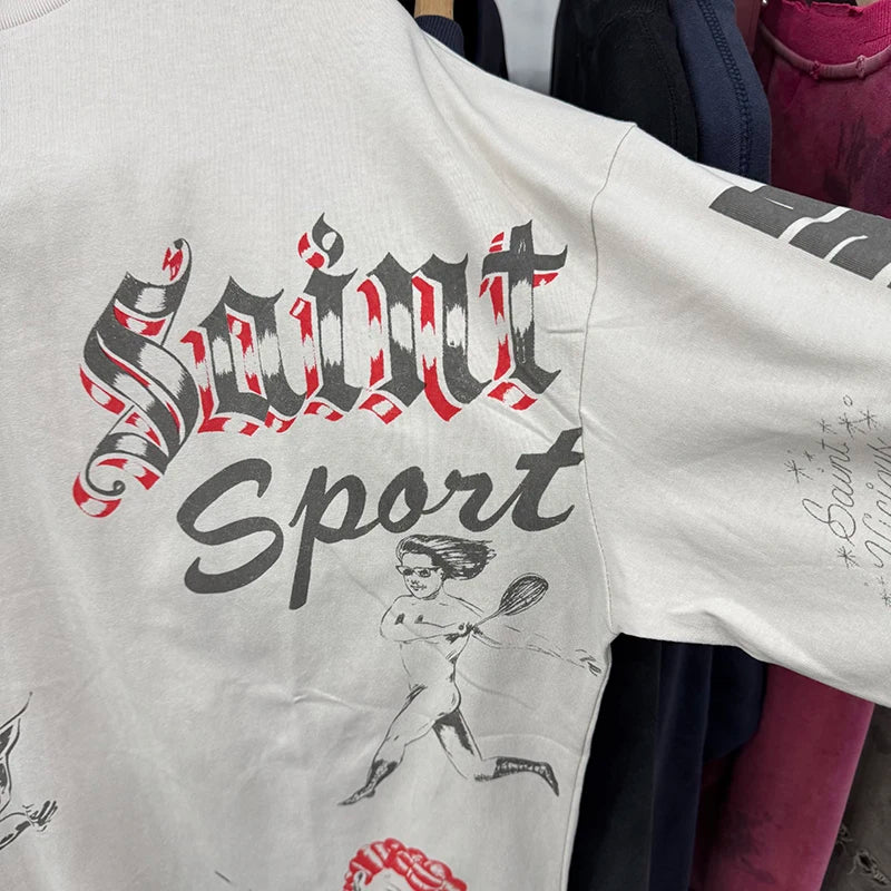 High Quality Saint Art Graffiti Printed Vintage T Shirt Autumn Cotton American Retro Fashion Letter Long Sleeve Men Streetwear