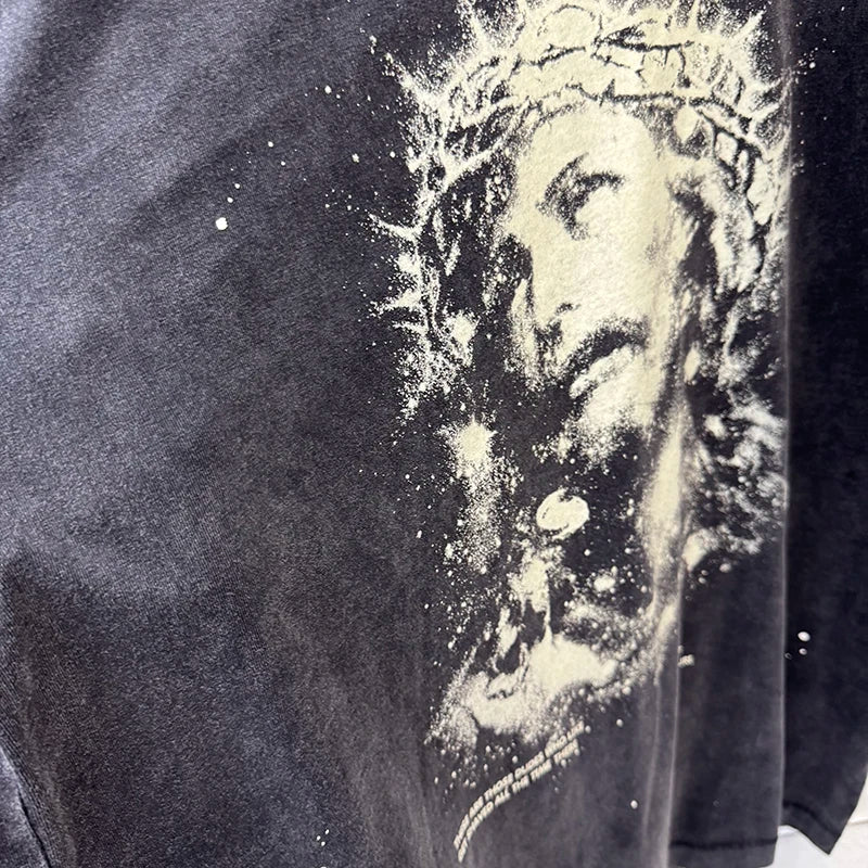 Vintage Washed Saint High Quality Portrait Print Graphic T Shirts Loose Luminous Summer Tops