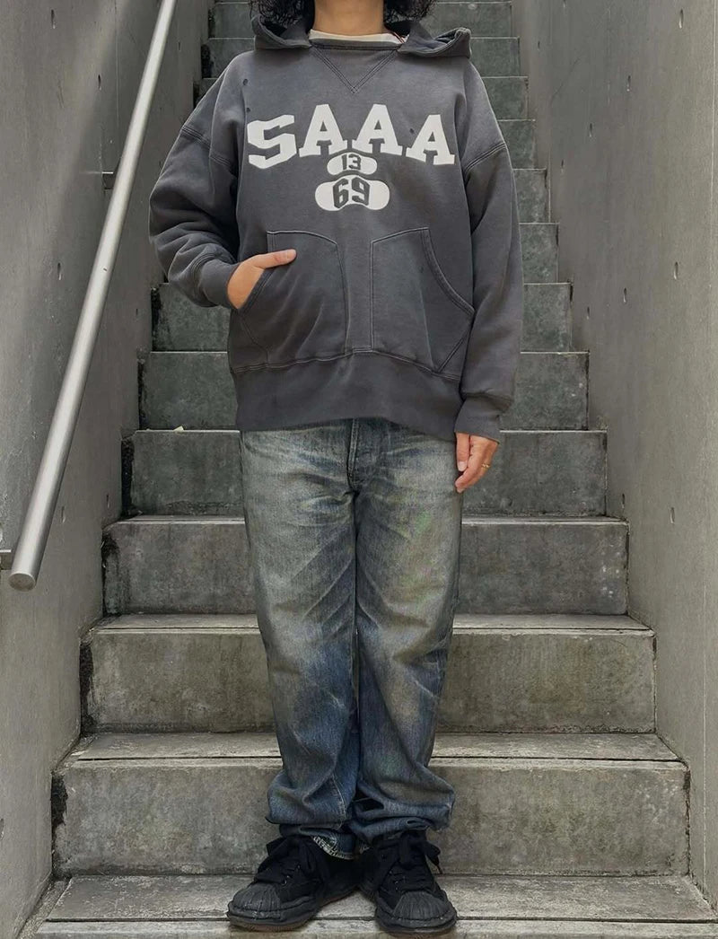 Washed Saint SAAA Letter Print American Retro Wide-waisted Hoodie Men High Street Casual Thick Large Pocket Sweatshirt