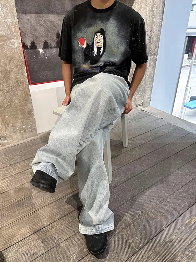 Street Fashion Splash-ink Round Neck Witch Graphic T Shirts Summer Pure Cotton Unisex Vintage Tees