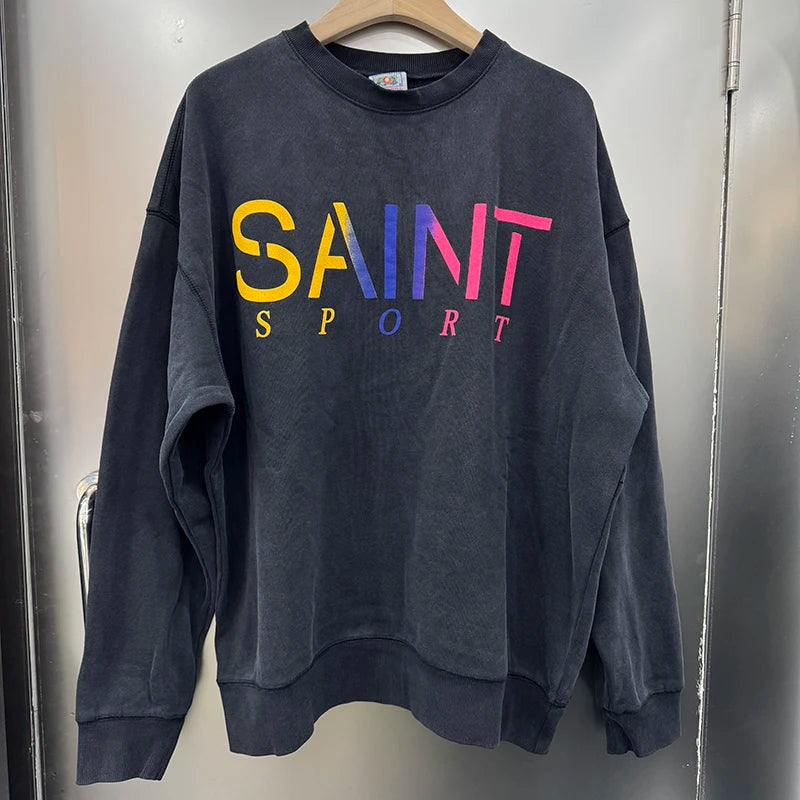 Simple Fashion Saint Ink Foam Printing Crewneck for Men Sweatshirt Japan Style Vintage Autumn Winter Coat Streetwear