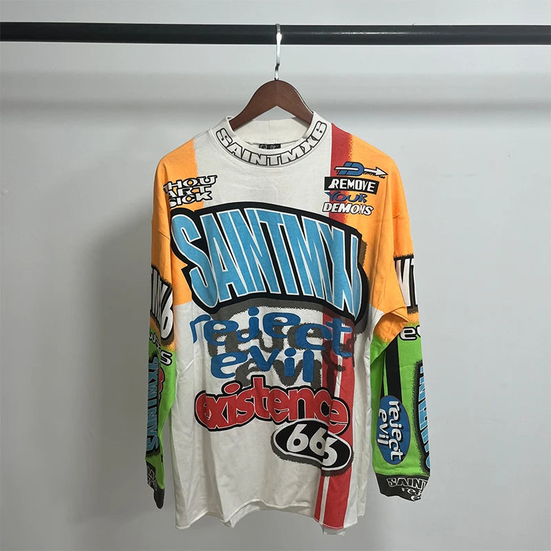 Street Fashion SAINT XXX STB Round Neck Oversized Men T Shirt Vintage Casual Cotton Autumn Long Sleeve Series