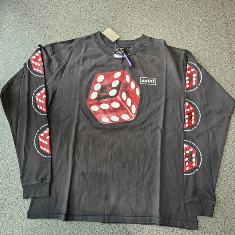 SAINT XXX STB Street Fashion Washed Distressed Letter Print American Style Vintage Casual Men Women Long Sleeve T-shirt