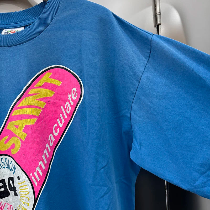 Autumn Winter Long Sleeve Saint Series Vintage Trend Sky Blue T Shirt High Street Casual Men Women Distressed Tops