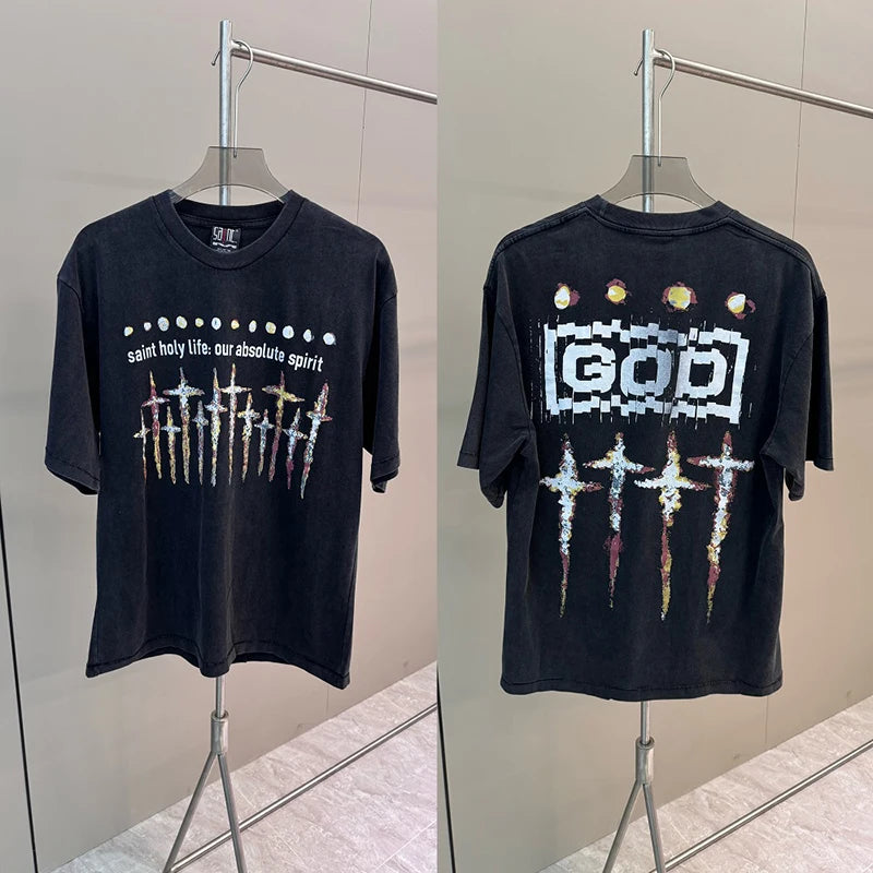 VTG Nine Toothed Nail Round Neck Oversized T Shirt Men High Street Casual Summer Cotton Saint Fashion Short Sleeve