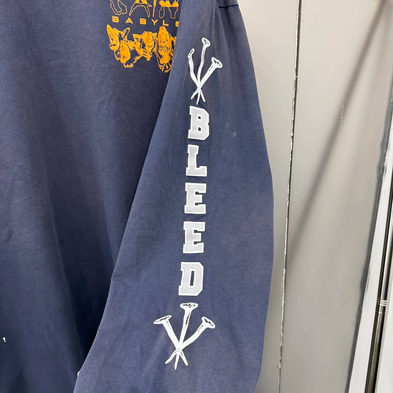 Autumn Retro Series Saint Three Inch Nail Blue Oversized T Shirt High Quality Cotton Men Women Fashion Long Sleeve Streetwear