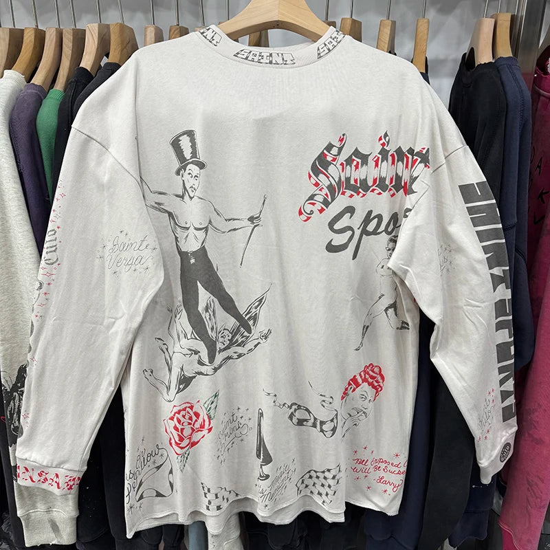 High Quality Saint Art Graffiti Printed Vintage T Shirt Autumn Cotton American Retro Fashion Letter Long Sleeve Men Streetwear