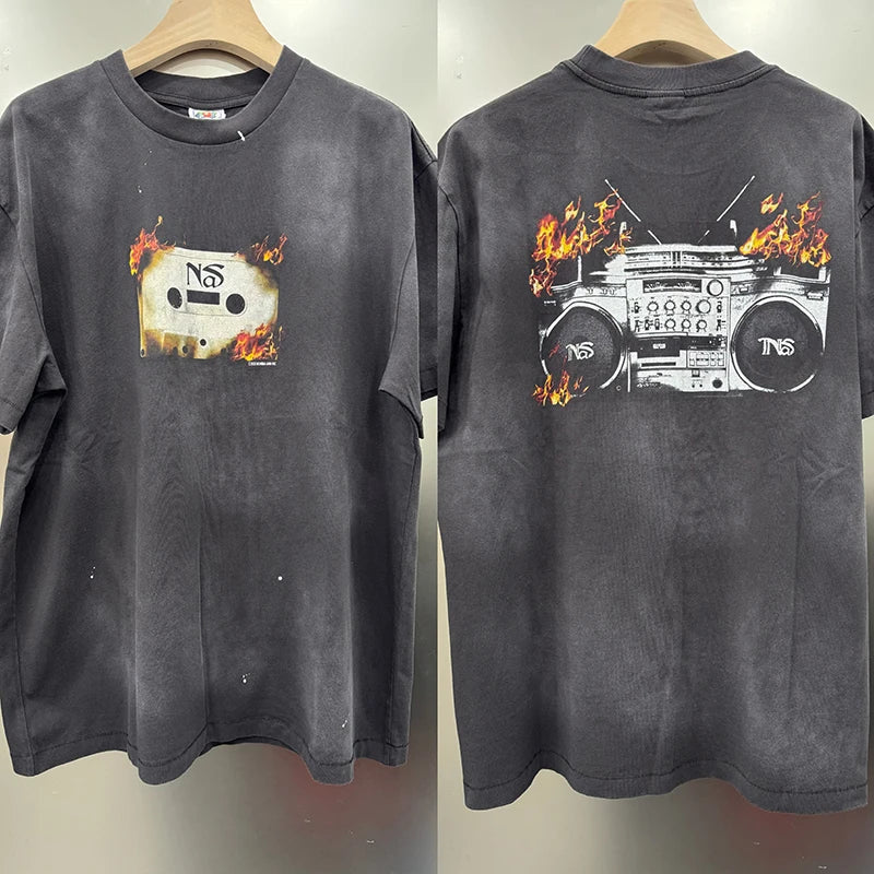 American Retro Flame Tape Graphic T Shirts Street Casual Men Trendy Summer Tops