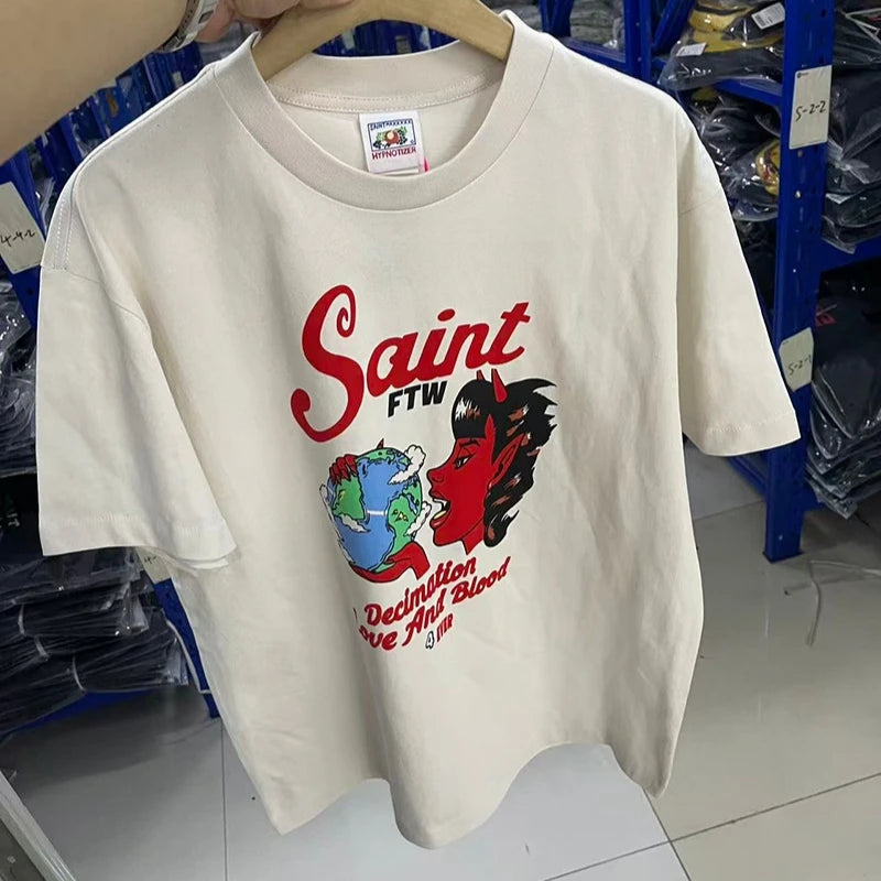 Vintage Summer Saint Crewneck Devil Printed T Shirt for Men Love and Blood High Street Short Sleeve