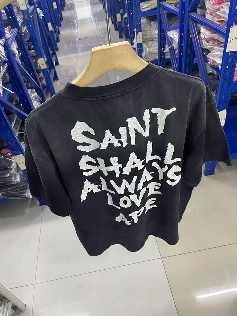 Simple Retro Style Saint Loose Cotton Skull Letter Print Vintage T Shirt Casual Summer Short Sleeve Streetwear Men